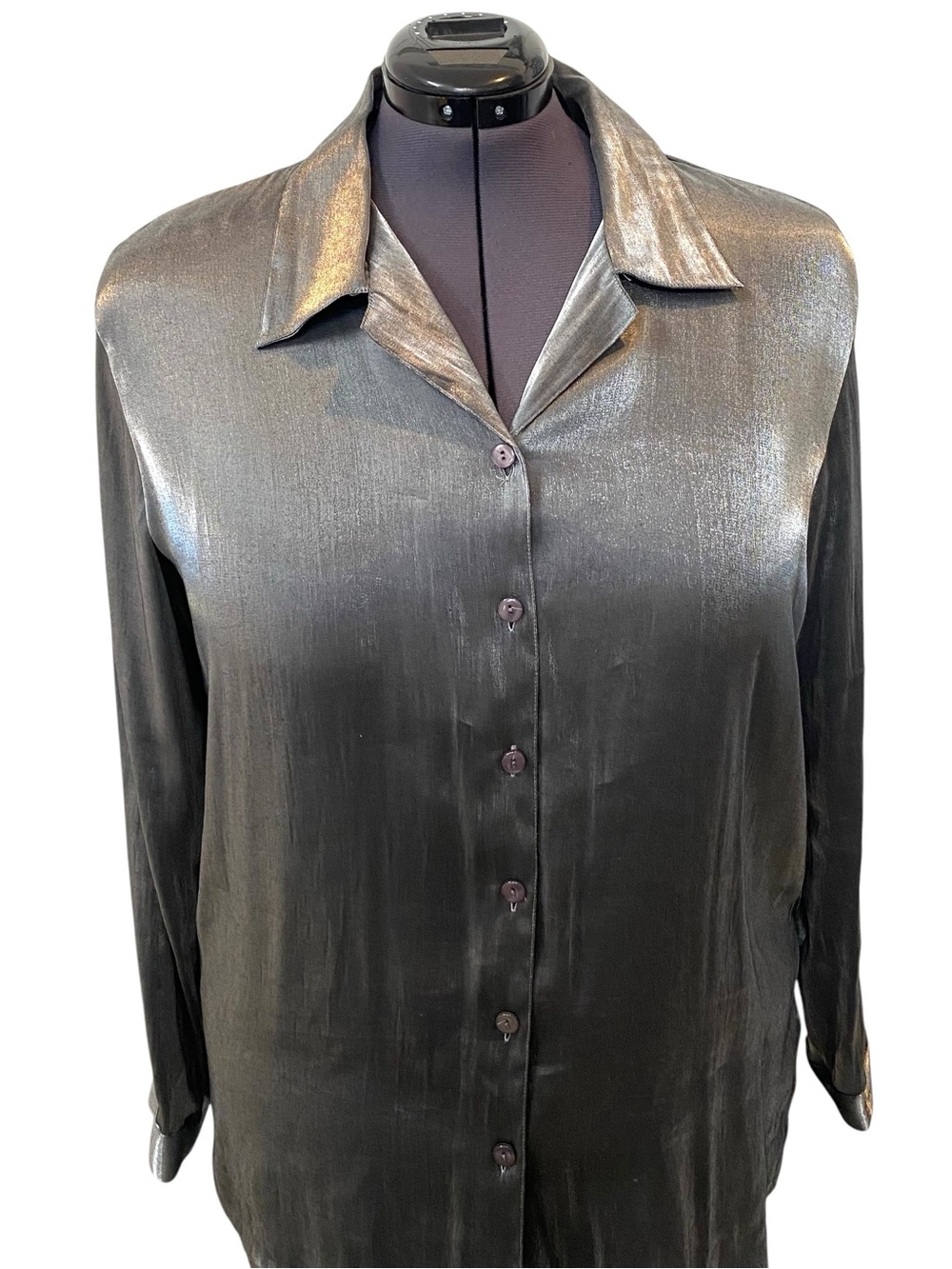 Apparenza Women's size XL Metallic Black/Gray Shimmer Button-Down Blouse - Picture 3 of 6